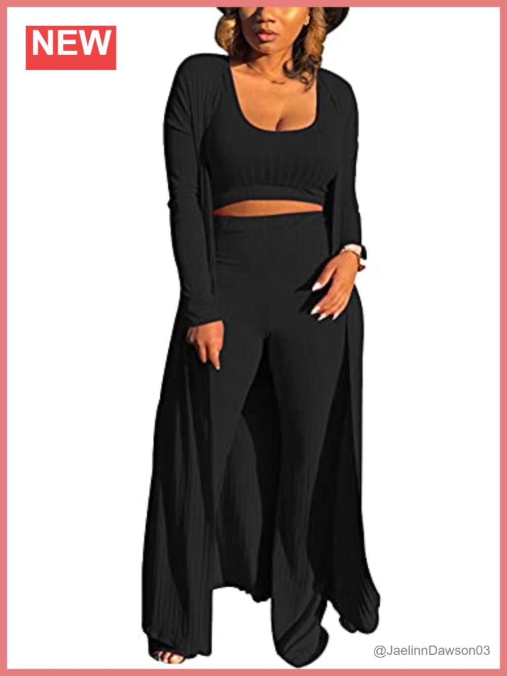 Women's 3 Piece Rib Knit Lounge Set Crop Tank Cardigan Wide Leg Pants
